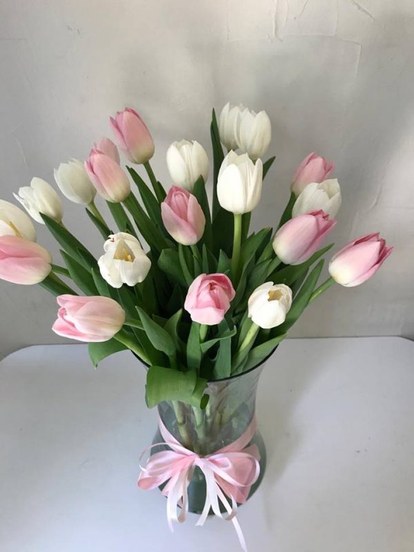 20 tulipanes rosa y blancos